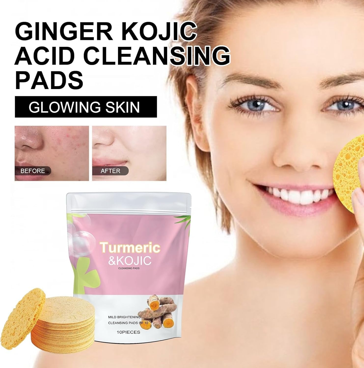 10PCS Turmeric Kojic Acid Cleansing Pads,Turmeric Kojic Pads,Turmeric Cleansing Pads,Turmeric Exfoliating Foaming Pads,Exfoliating Cleansing Pads,Exfoliating Pads,Face Cleansing Pads for Dull Skin